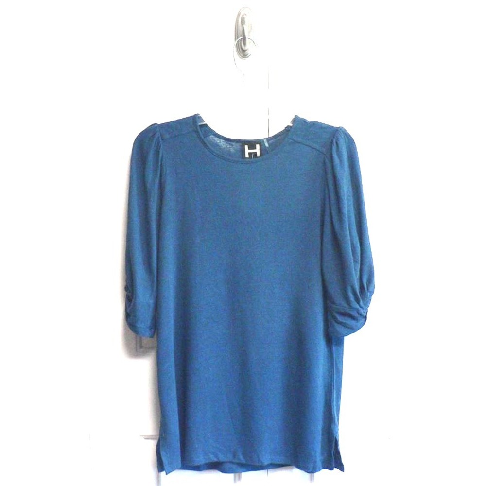 H by Bordeaux Short Twist Puff Sleeve Linen Blend Knit Top in Marine Blue Small